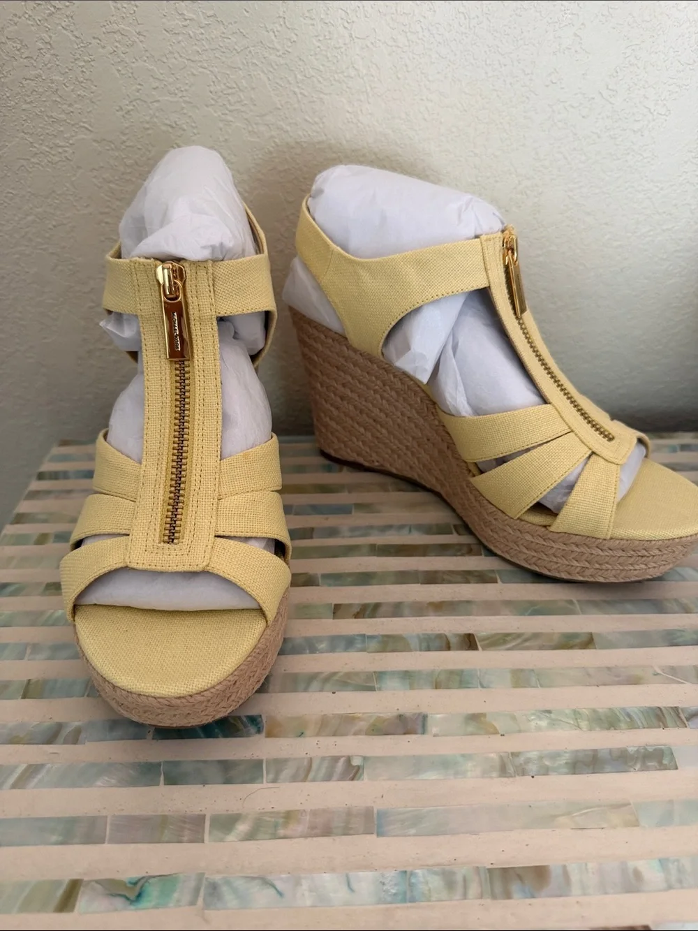 Yellow Espadrille Wedge Sandals with Front Zip